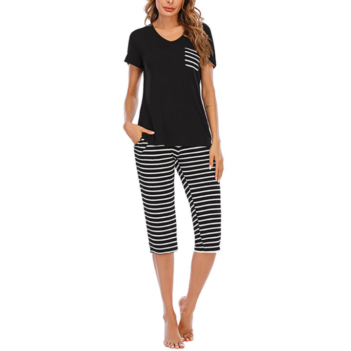 Striped T Shirts & Cropped Pants Pajamas Wholesale Loungewear Sets