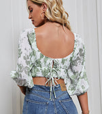 Sexy Floral Print Short Shirt Puff Sleeve Crop Top Wholesale Womens Tops