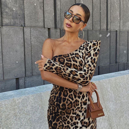 Long Sleeve Leopard Print One Shoulder Slit Bodycon Dress Wholesale Dresses