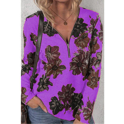 New Women Autumn Long-Sleeved V-Neck Floral Print T-Shirt