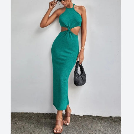 Solid Color Halterneck Twist Cutout Lace-Up Backless Bodycon Dress Sexy Womens Clothes Wholesale Maxi Dresses