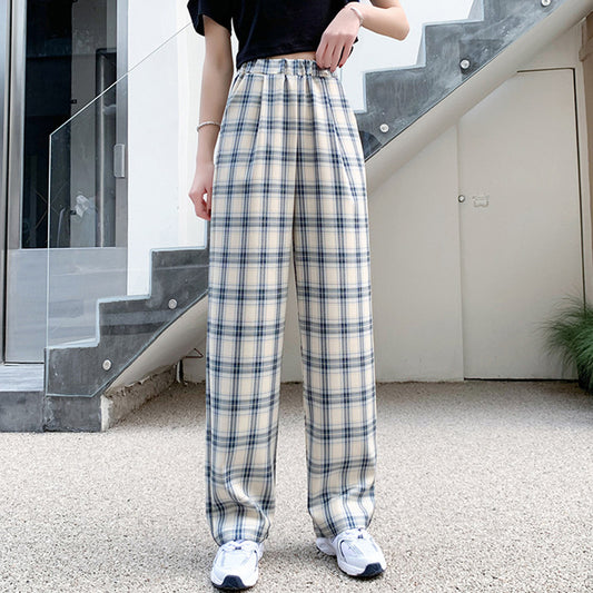 Plaid Print Loose Casual Straight Leg Trousers Wholesale Pants