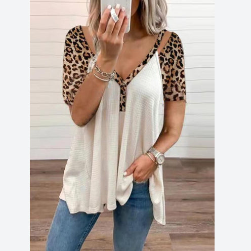 Fashion Waffle Paneled Leopard Print Tops Loose V Neck Womens T Shirts Wholesale