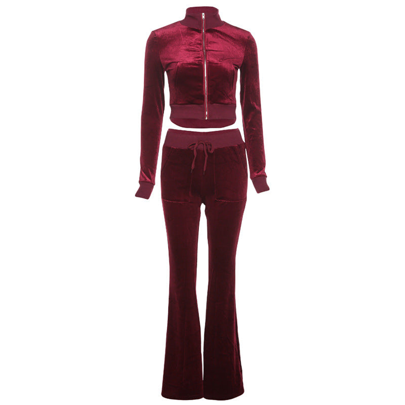 Plain Velvet Zipper Top With Pants Women Tracksuits