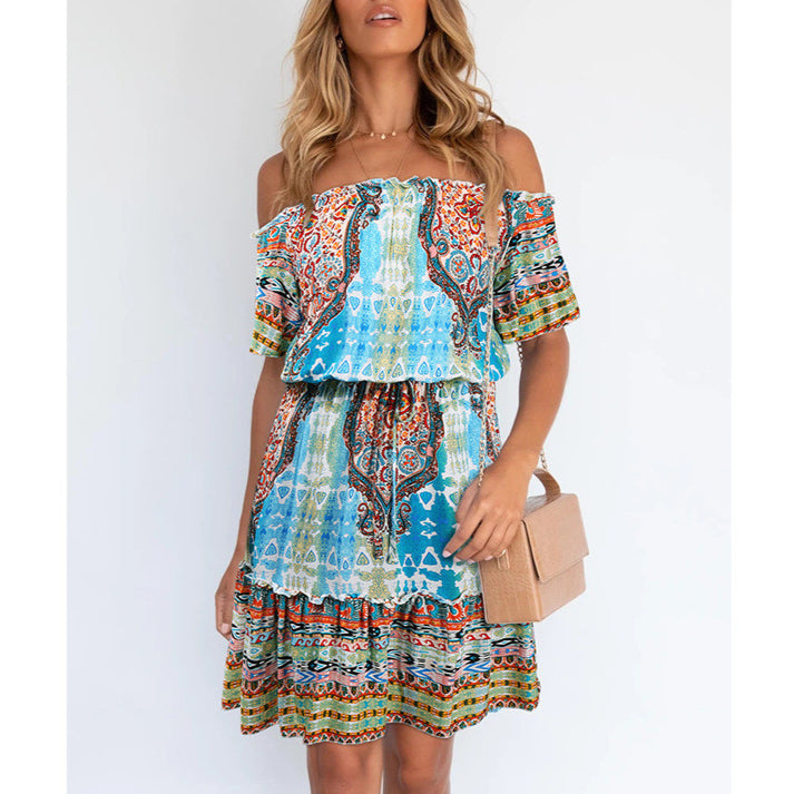 Ethnic Style Boho Style Print Off Shoulder Vacation Dress Sexy Wholesale Bohemian Dress For Women SD531675