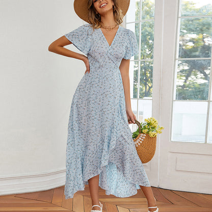 Floral Print V-Neck Short Sleeve Ruffled Long Wrap Dress Wholesale Dresses