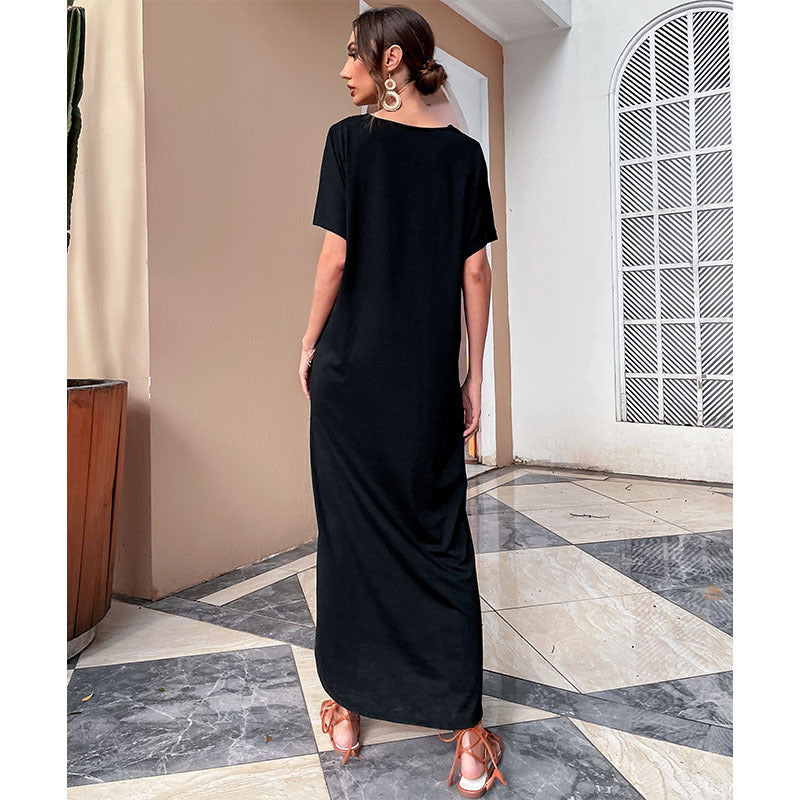 Solid Color Pullover Black Button Slit Design Loose Causal T Shirt Dress Wholesale Maxi Dresses