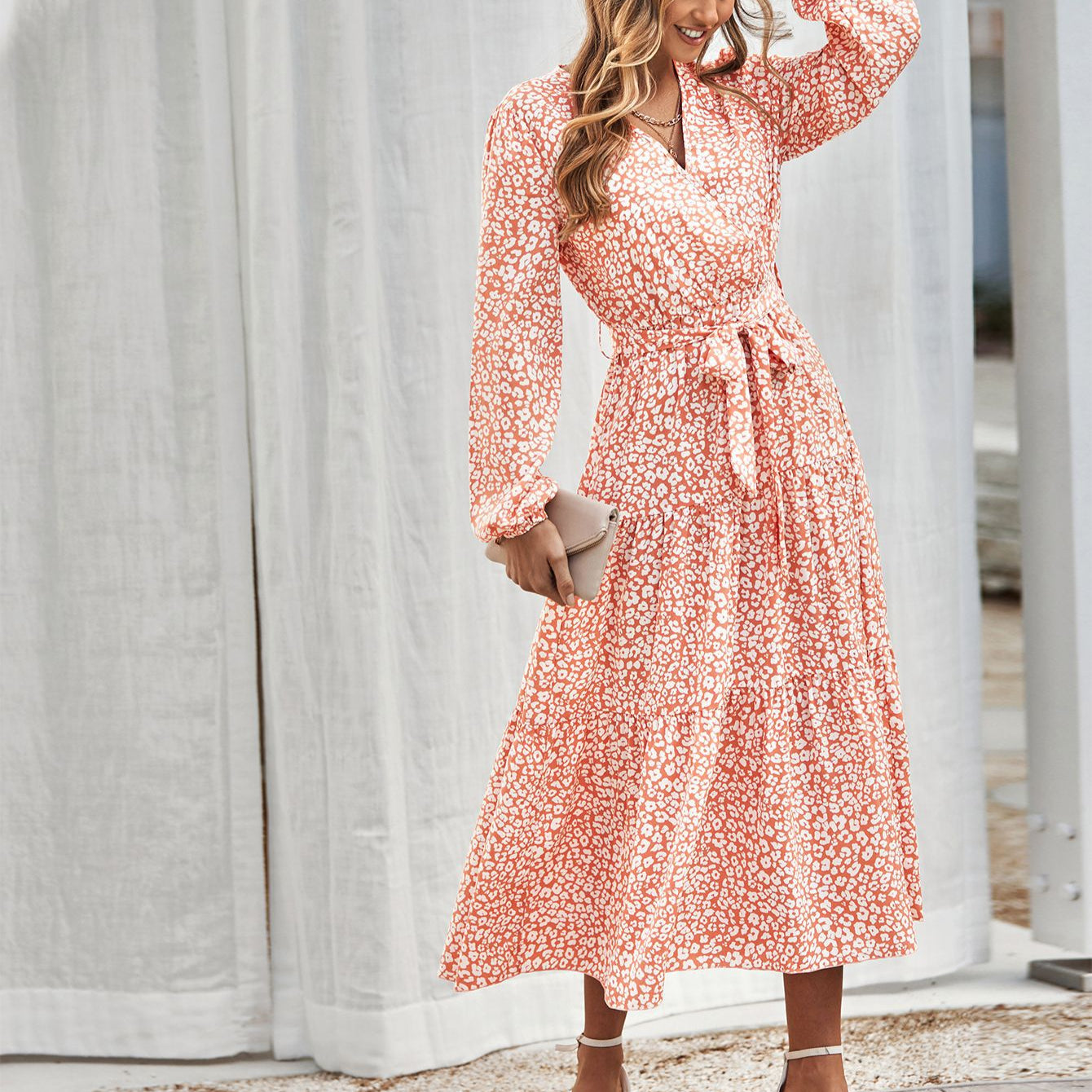 Casual Long Sleeve Printed Smocked Dress Wholesale Dresses