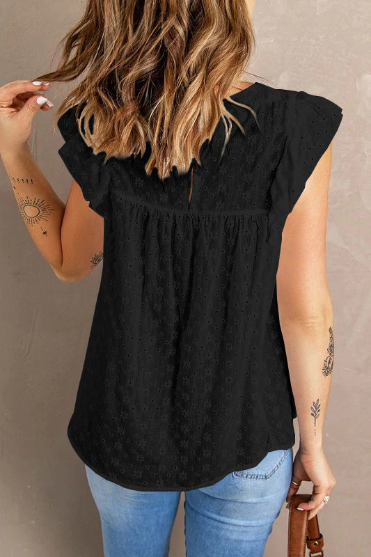 Solid Color Round Neck Frill Sleeve Jacquard Womens Sleeveless T-Shirts Casual Wholesale Tank Tops