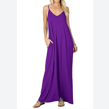 Women Sleeveless Spaghetti Strap V Neck Plain Wholesale Maxi Dresses Summer