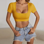 Solid Color Square Neck Short Sleeve Sexy Womens Clothes Wholesale Crop Tops