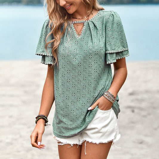 Solid Color Ruffled Sleeve Lace Edge T-Shirts Wholesale Womens Tops