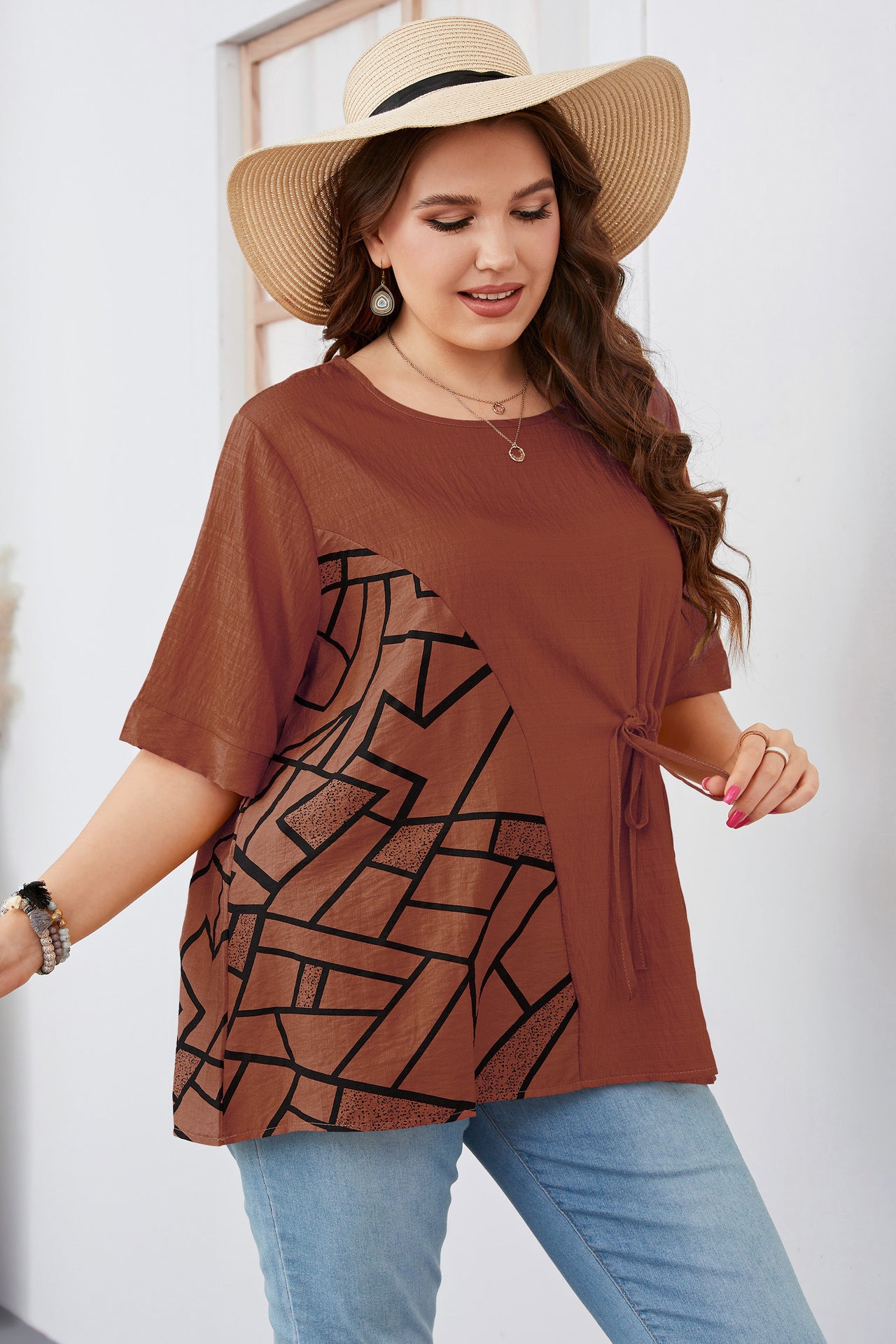 Geometric Print Short Sleeve Round Neck Wholesale Plus Size Tops