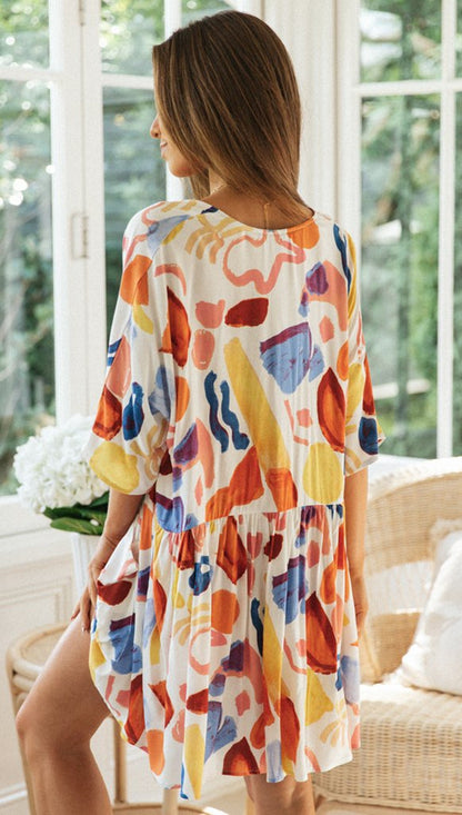 Mid Sleeve Geometric Print V Neck Loose Casual Dress Wholesale Dresses