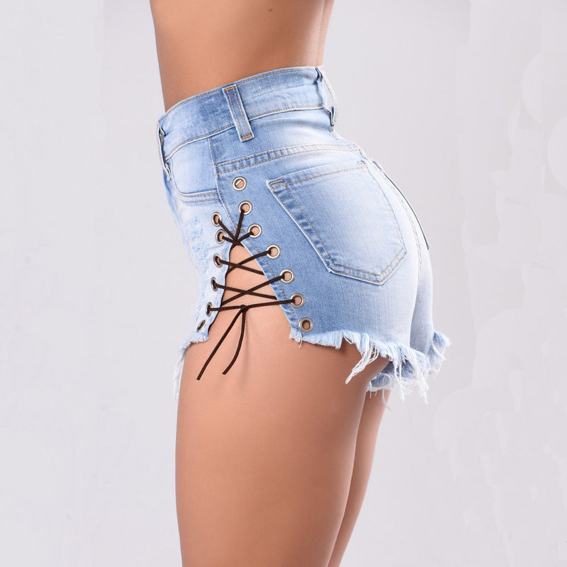 Lace-Up Shredded Denim Shorts Hot Pants Sexy Womens Clothing Summer