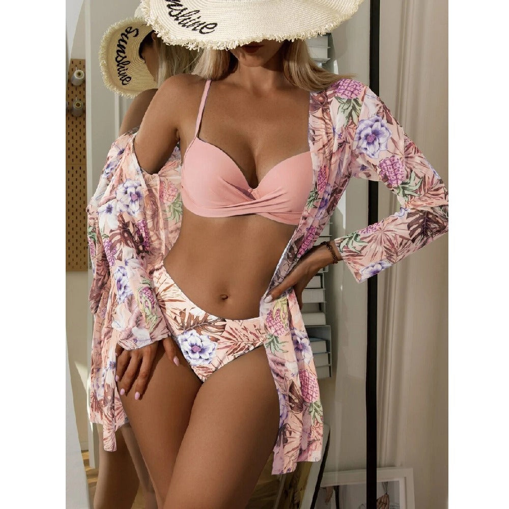 Floral Print Beachwear Cover Up Cardigan & Bikini 3pcs Swimsuit Wholesale Womens Swimwear