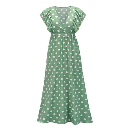 Deep V Polka Dot Print Nipped Waist Vintage Vacation Dress Ruffles Wholesale Maxi Dresses