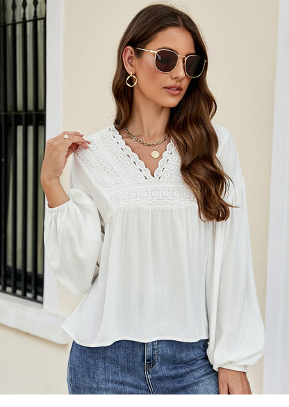 Solid Color Pullover Lantern Sleeve Chiffon Shirt Wholesale Womens Tops