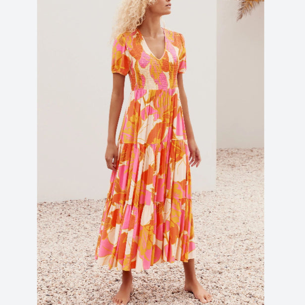 V-Neck Fashion Printed Short Sleeve Wide Swing Smocked Dress Vacation Casual Wholesale Maxi Dresses