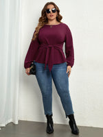 Wholesale Plus Size Women Clothing Solid Color Round Neck Long Sleeve Lace Up Slim Top