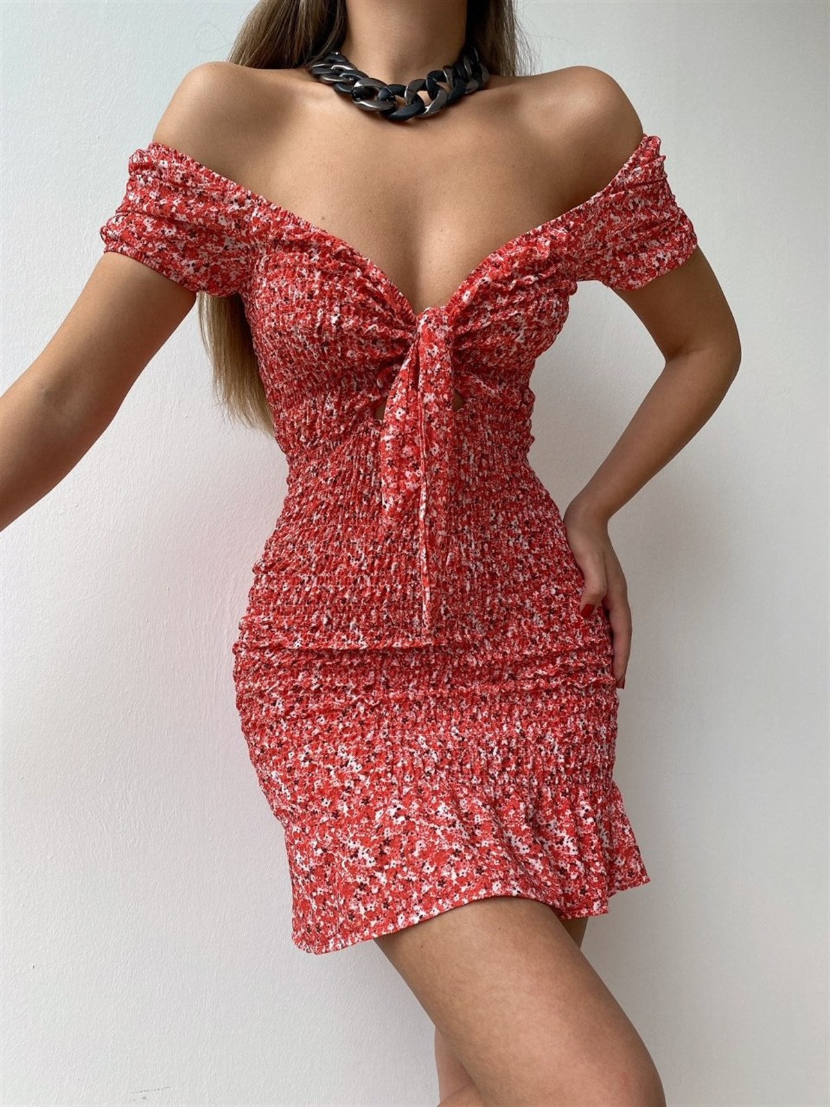 One Word Neckline Tie Floral Print Sexy Bodycon Dress Wholesale Dresses