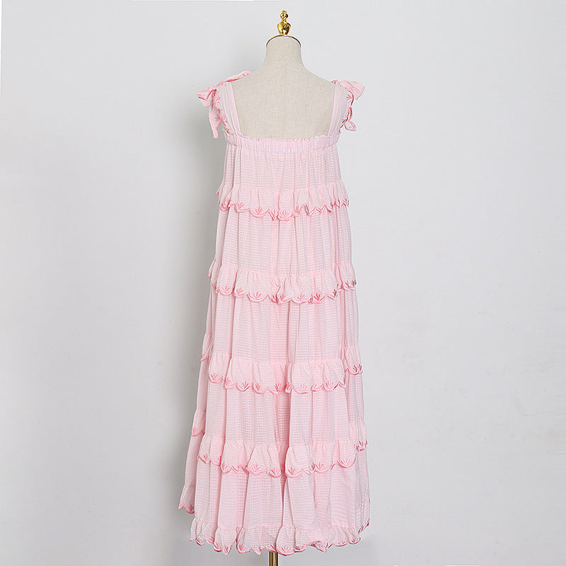 Solid Color Sling Lace-Up Vacation Clothes Beach Wide Swing Smocked Fluffy Dress Trendy Wholesale Dresses