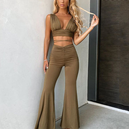 Pleated Solid Crop Top + Flared Pants Wholesale Two Piece Sets