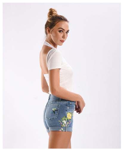 Women Fashion Stretch Shorts Embroidery Floral Denim Wholesale Jean Shorts