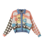 Cartoon Contrast Color Splicing Cropped Knitted Sweater Wholesale Cardigan