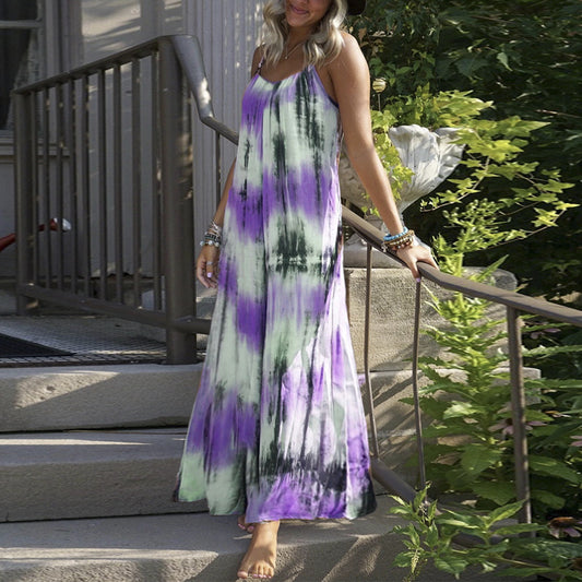 Open Back Tie Dye Print Sling Dress Casual Beach Wholesale Maxi Dresses