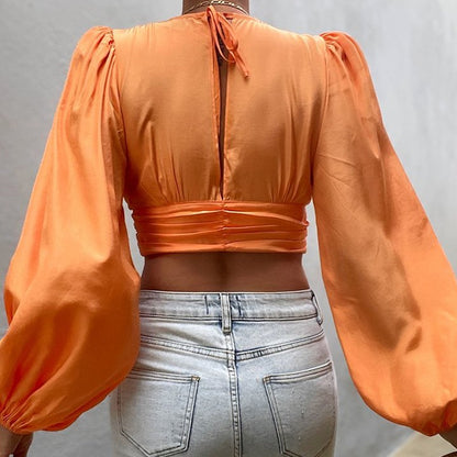 Sexy Deep V Solid Color Long Sleeve Wholesale Crop Tops