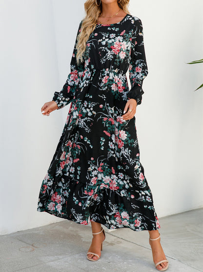 Fashion Print Chiffon High Waist Dress Casual Long Sleeve Round Neck A-Line Wholesale Dresses