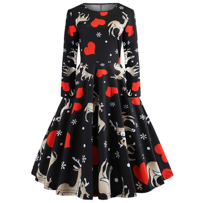 Christmas Print Round Collar Repair Dress Dress Women Wholesale