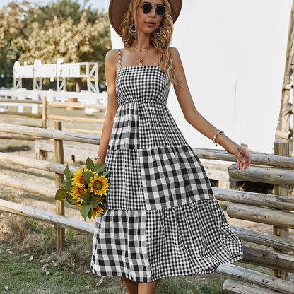 Plaid Printed Casual Wholesale Dresses Off Shoulder Cami Dress