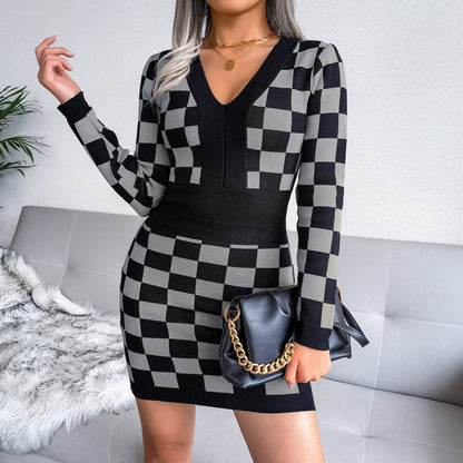 V-Neck Plaid Printing Sexy Knitted Dress Women