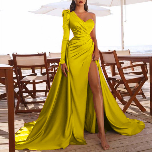 Wholesale Satin Dress With Sloping Shoulder&Thigh Split Party Dress SD150065