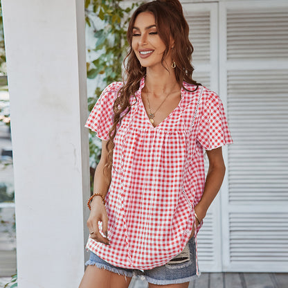 Short Sleeve Plaid Printed Wholesale Blouse Casual Women Clothing