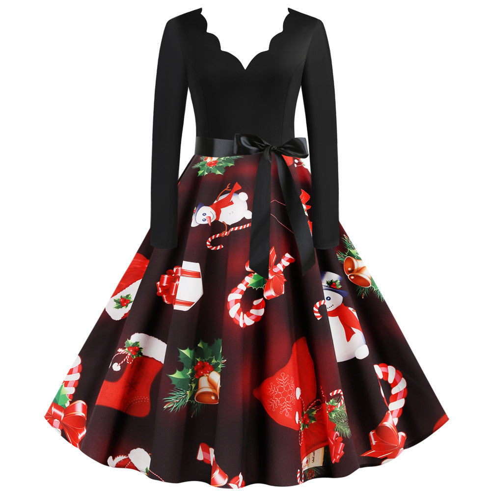 Christmas Retro V-Neck Print Big Swing Dress