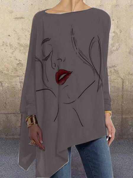 Fashion Face Print Tops Solid Color Loose Wholesale Womens Long Sleeve T Shirts