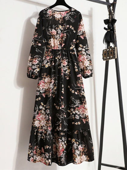 Fashion Print Chiffon High Waist Dress Casual Long Sleeve Round Neck A-Line Wholesale Dresses