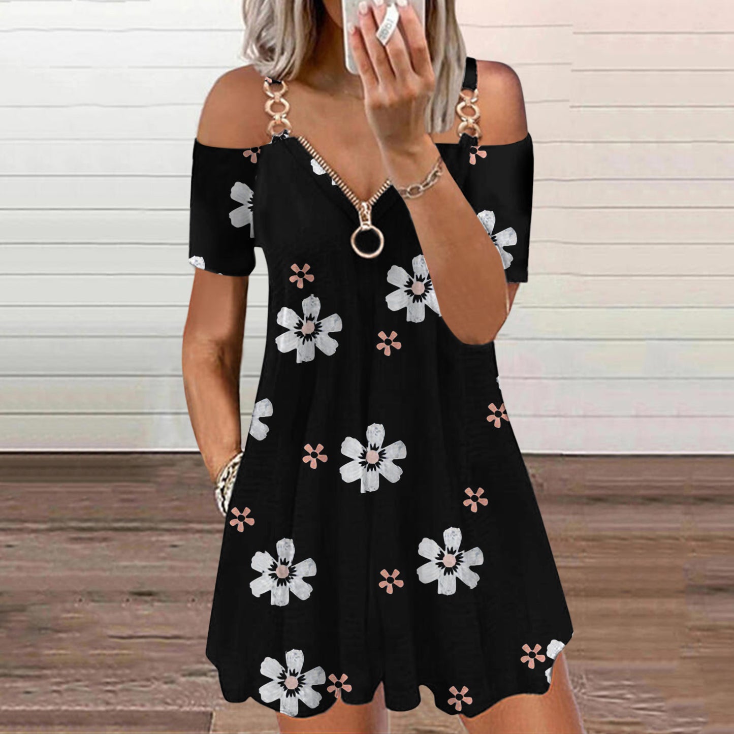 Floral Print Metal Cold Shoulder V Neck Pocket Swing Wholesale Casual Dresses Zip Up Summer