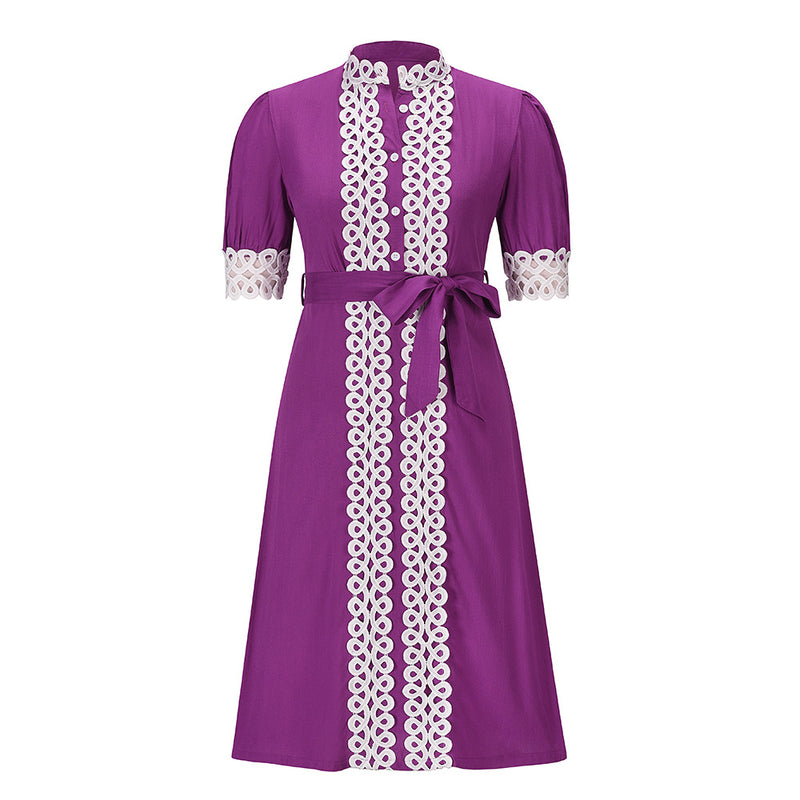 Lace Stand Collar Short Sleeve Wholesale Midi Dresses With Belt