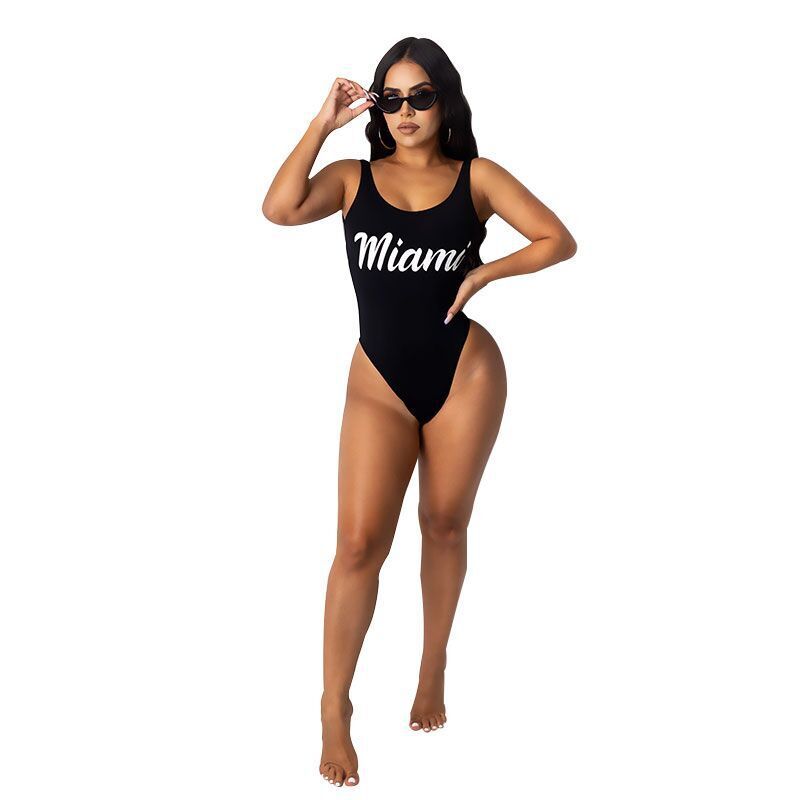 Letter Print Sport Bodysuit Beach Bathing Suit Swim Bikini One Piece