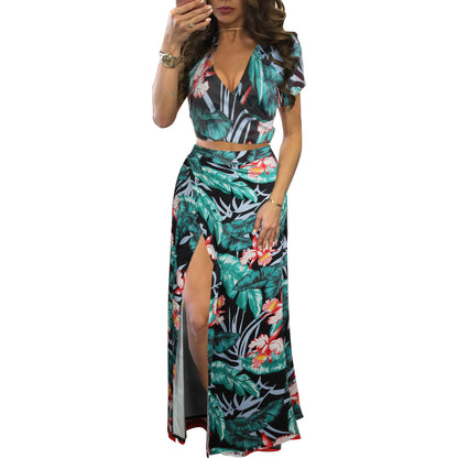 Floral Printed Short Sleeve Lace Up Crop Tops & Slit Maxi Skirt Vacation Clothing Wholesale Womens 2 Piece Sets