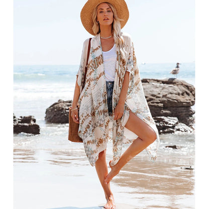 Slit Chiffon Print Beach Sunscreen Blouse Women Wholesale