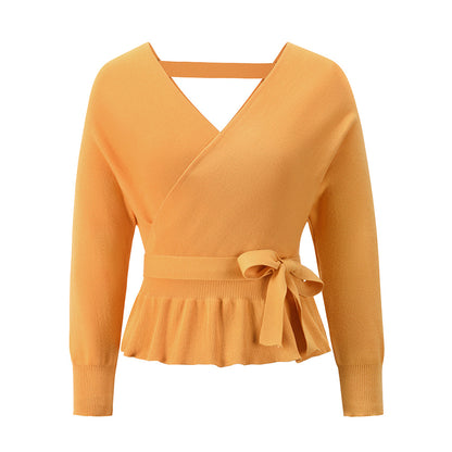 V-neck long-sleeved Backless Ruffled Hem Strappy Waist sweater