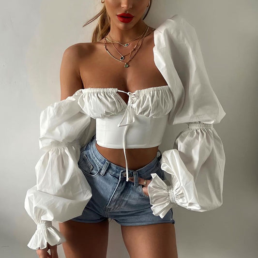 Plain Flared Sleeve Sexy Crop Top