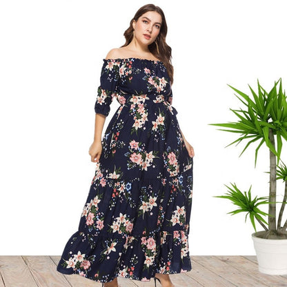 Floral Printed Off Shoulder Curve Maxi Dresses Ruffles Vacation Dress Wholesale Plus Size Clothing