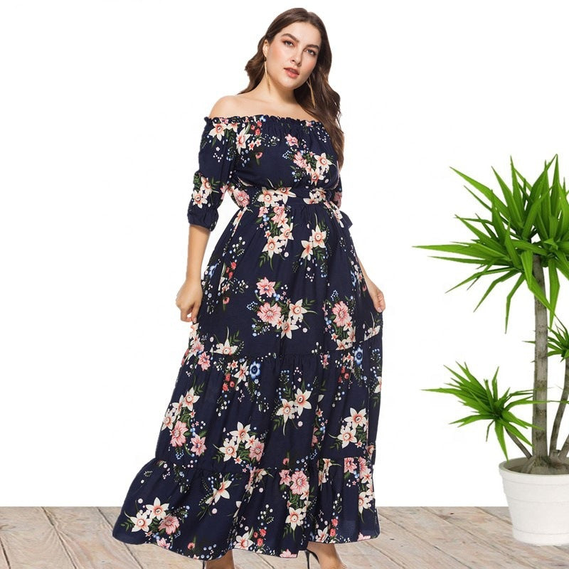 Floral Printed Off Shoulder Curve Maxi Dresses Ruffles Vacation Dress Wholesale Plus Size Clothing