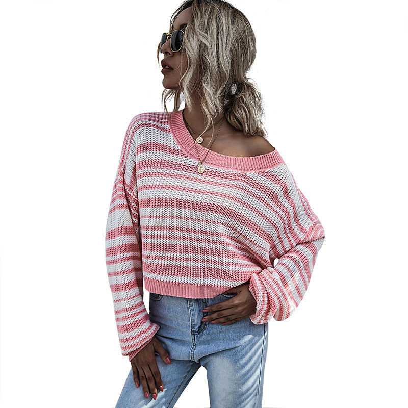 Women Wholesale Striped Round Neck Short Sweater
